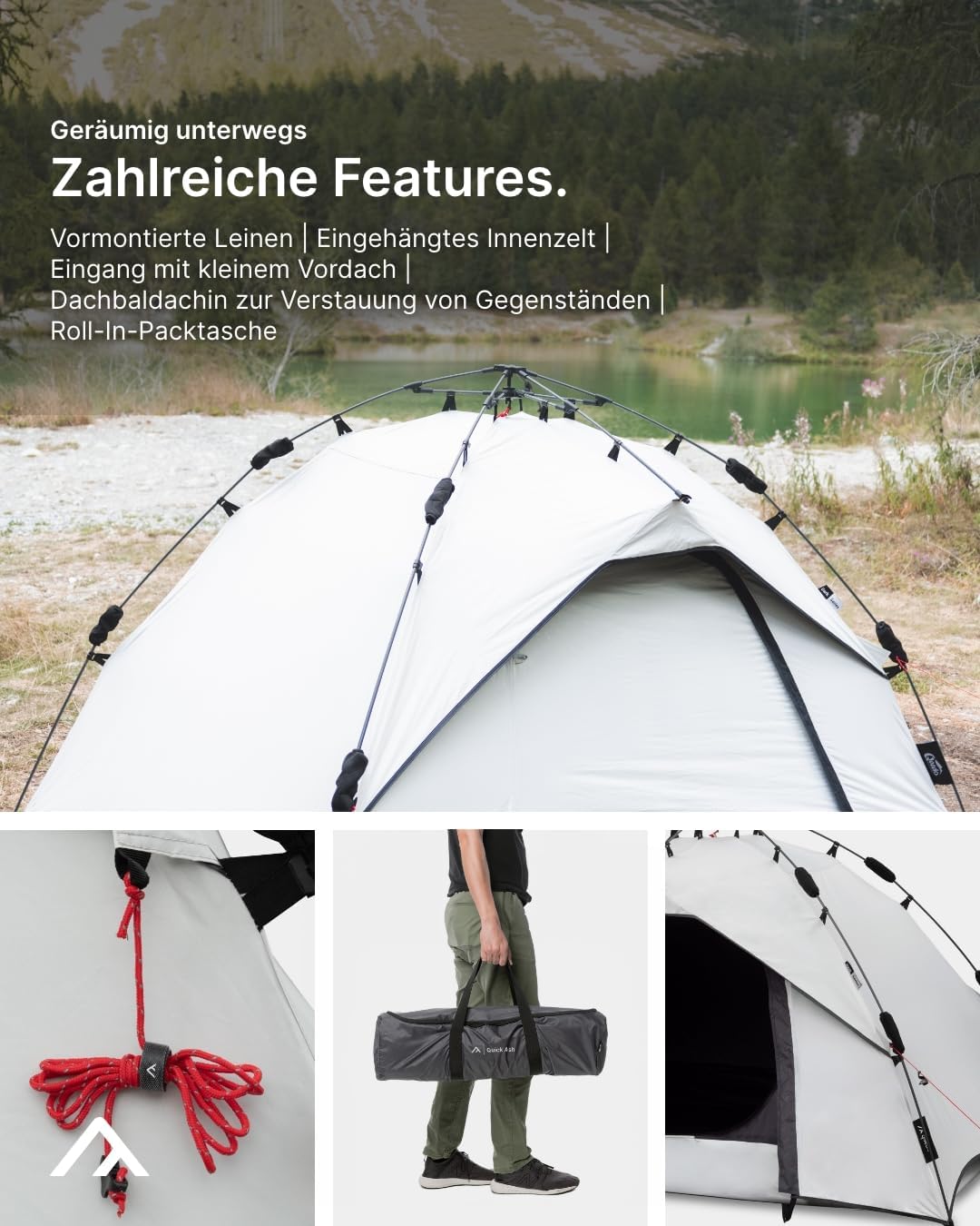 qeedo Quick Ash Dark Series Sekundenzelt innen komplett verdunkelt, wasserdicht, leicht & robust - C