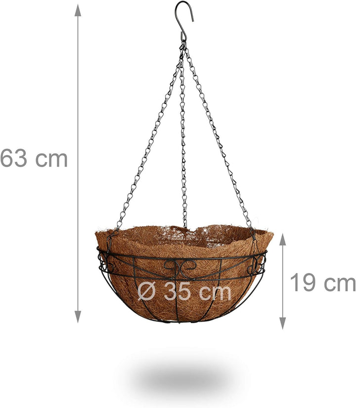 Relaxdays Blumenampel 3 Körbe, Kokos, 33 Liter Volumen, mit Kette, 35 cm Durchmesser als Hängeampel,