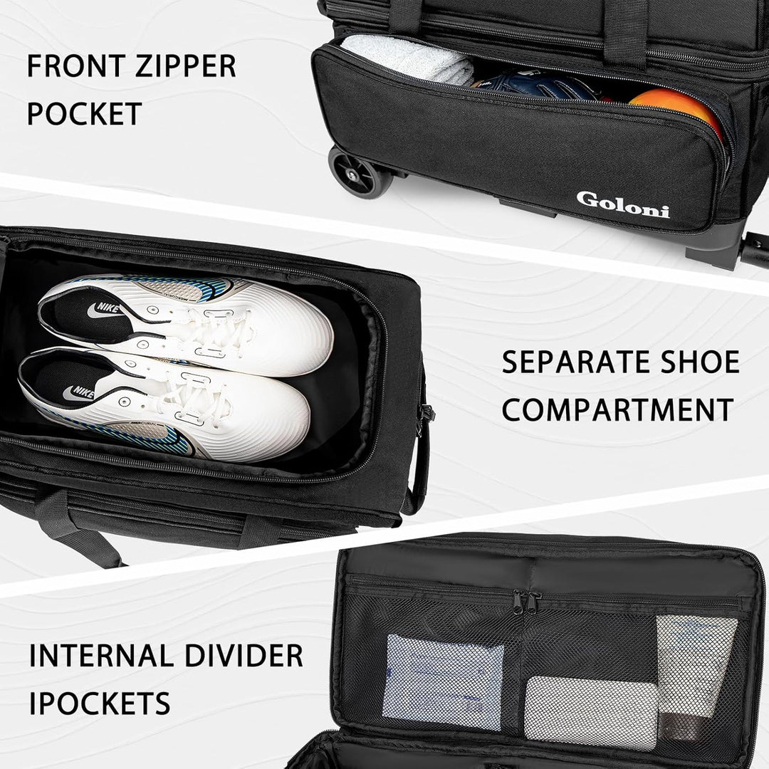 Goloni Bowling Roller Taschen,Bowling Ball Tasche,zwei Ball Bowling Tasche mit Rädern Schwarz, Schwa