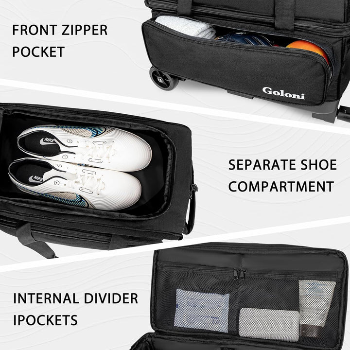 Goloni Bowling Roller Taschen,Bowling Ball Tasche,zwei Ball Bowling Tasche mit Rädern Schwarz, Schwa
