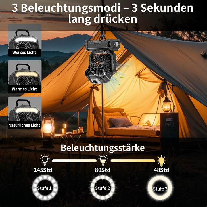 Ventilator Camping mit Sprühnebel, Akku Ventilator 20000mAh mit LED Licht, Haken, 270° Drehung, Trag
