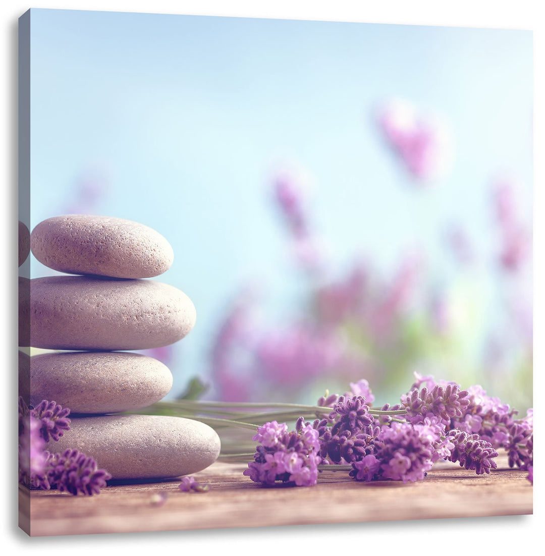 Lavendel Spa-Stillleben, Format: 70x70 auf Leinwand, XXL riesige Bilder fertig gerahmt mit Keilrahme