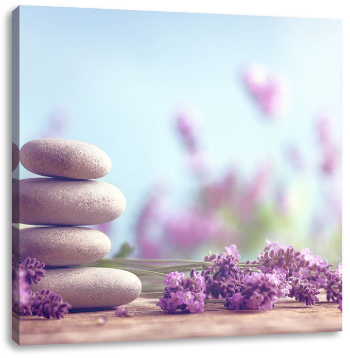 Lavendel Spa-Stillleben, Format: 70x70 auf Leinwand, XXL riesige Bilder fertig gerahmt mit Keilrahme