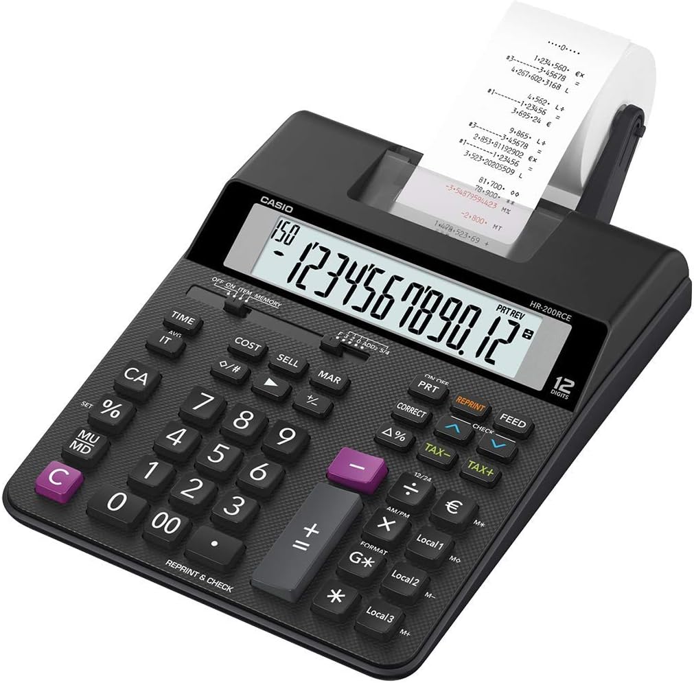 Casio Druckender Tischrechner HR-200RCE, 12-stellig, 2-Farbdruck, Wiederholungsdruck, Steuerberechnu