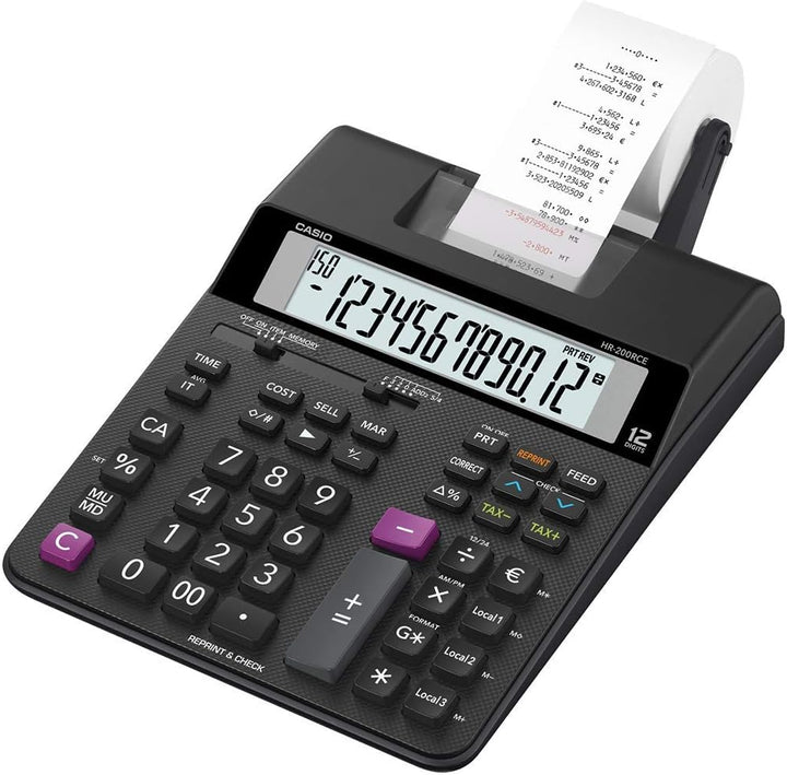 Casio Druckender Tischrechner HR-200RCE, 12-stellig, 2-Farbdruck, Wiederholungsdruck, Steuerberechnu