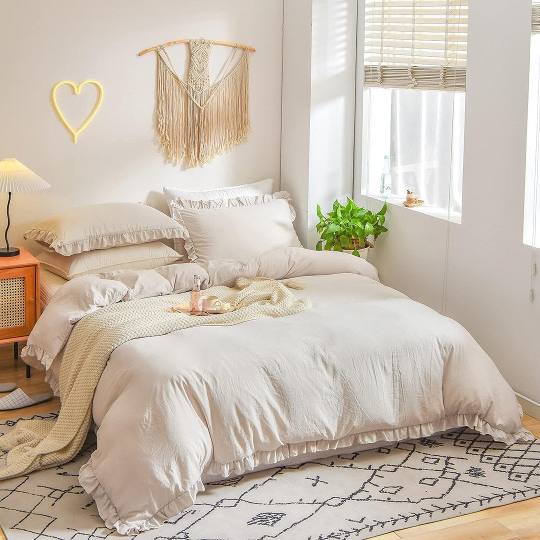 Freyamy Bettwäsche 155x220cm 2teilig Beige Rüschen Romantisch Mädchen Bettwäsche Uni Plisseefalten C