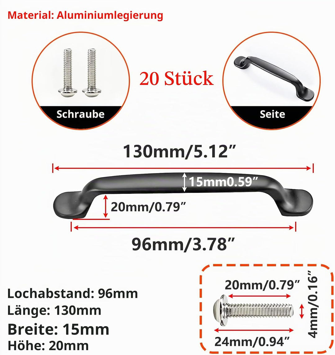 Qrity 20 Stück Lochabstand - 96mm Solide Material Aluminiumlegierung Möbel Griffen Kabinett Griffe M