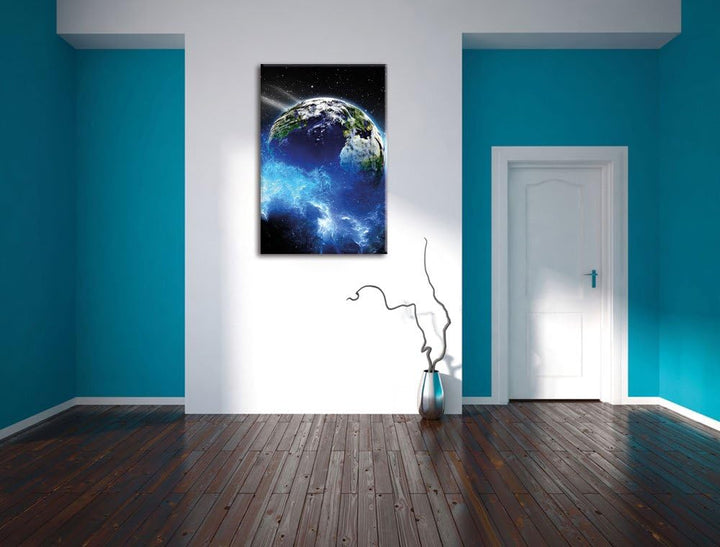 Pixxprint Erde im Kosmos Nebel schwarz/weiss als Leinwandbild/Grösse: 120x80 cm/Wandbild/Kunstdruck/