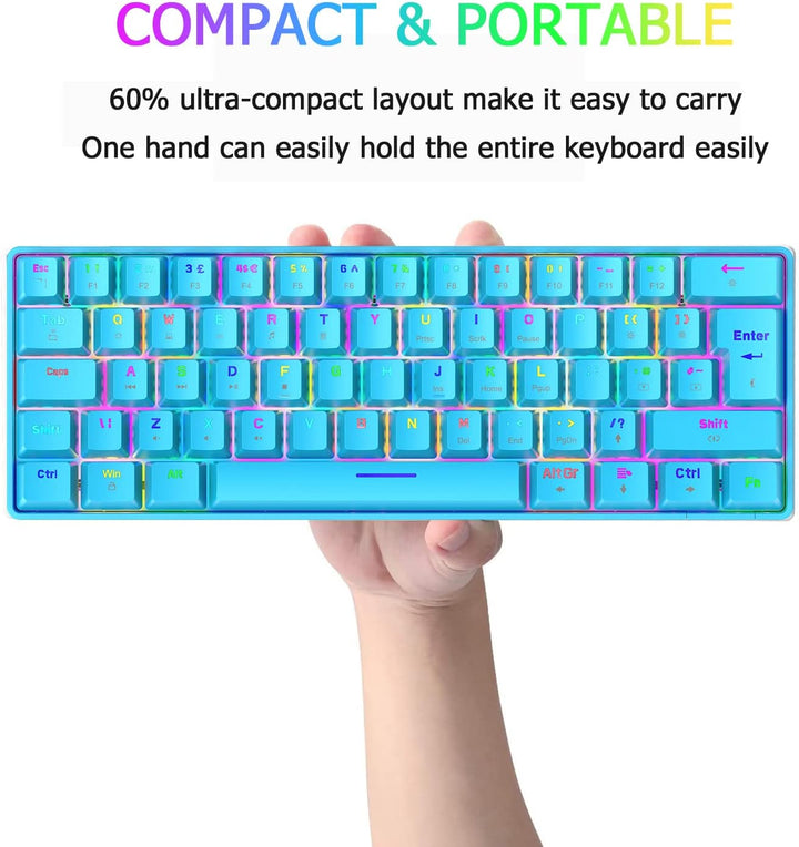 Mini 60% RGB Gaming-Tastatur,Mechanischer Blaue Schalter mit Kompakten 62 Tasten,18 RGB LED-Chroma-H