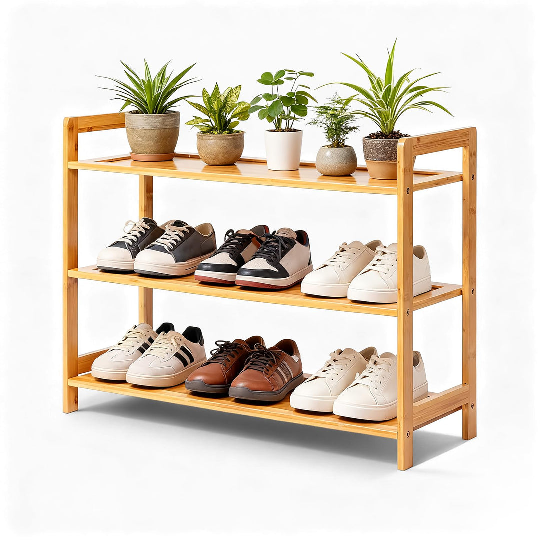 LEADZM Schuhregal, Schuhschrank, Bambus Schuhbank mit 3 Ablagen, für Flur, Bad, Wohnzimmer, Diele, 6