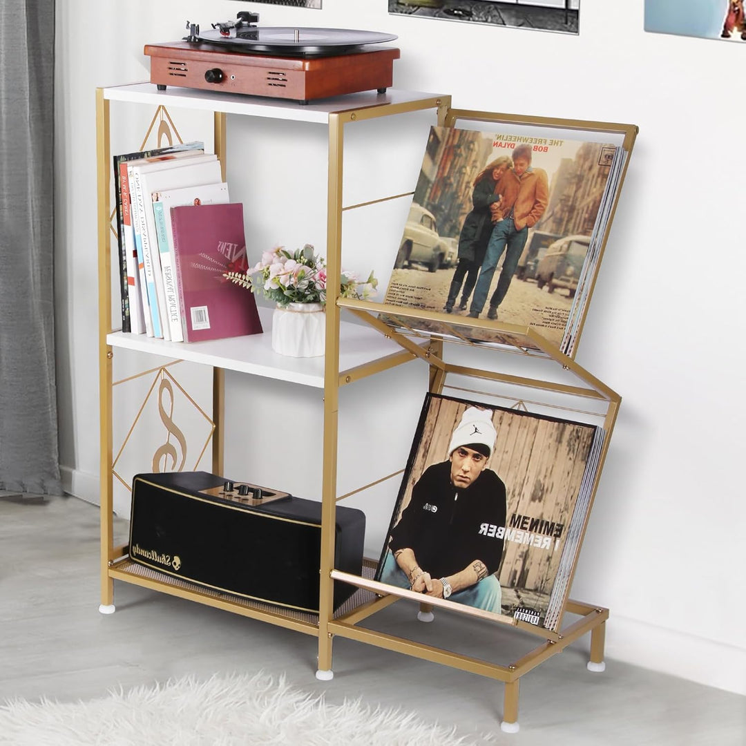 HYCFYJR Plattenspieler Ständer, Schallplatten Aufbewahrung mit 2-stufiger Vinyl Halter und Metallrah