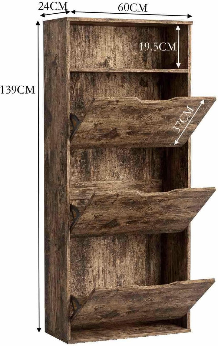 Garvis Schuhschrank 3 Klappen (Einzelreihe) – ULTRASCHMAL (24 cm Tiefe) – 60x139 cm – Für ca. 9 Paar