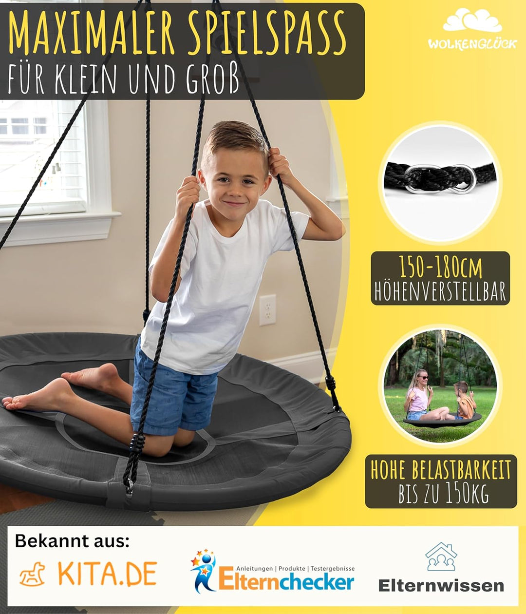 WOLKENGLÜCK® Nestschaukel [Ø 110 cm] - Höhenverstellbare Schaukel Outdoor & Indoor für Kinder und Er