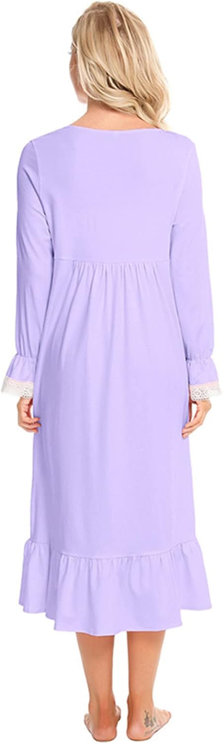 aromm Damen Weich Nachthemd Knopfleiste Viktorianisch Lange Ärmel Stillen Pyjama XXL Violett, XXL Vi