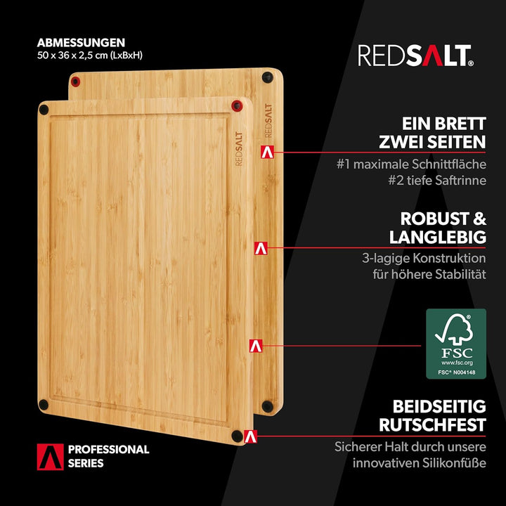 REDSALT® innovatives Bambus Holz Schneidebrett XL 50x36x2,5cm | beidseitig rutschfest antibakteriell