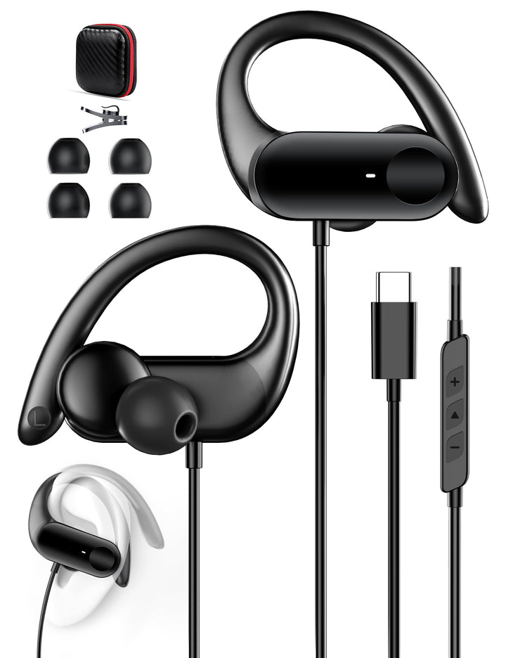 USB C In Ear Kopfhörer mit Ohrbügel, Mikrofon & Kabelfernbedienung | Kopfhörer mit Kabel für Samsung