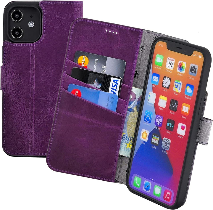 Suncase Book-Style Hülle kompatibel mit iPhone 12 (6.1") Leder Tasche (Slim-Fit) Lederhülle Handytas
