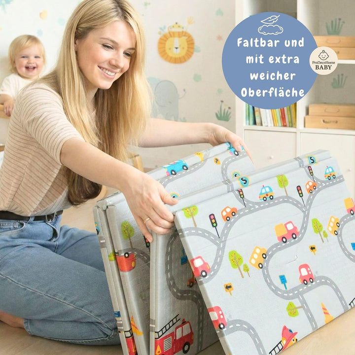 Krabbelmatte Baby, faltbar, doppelseitig, 150x180cm Dinosaurier und Autos | Kinder Spieldecke, Rutsc