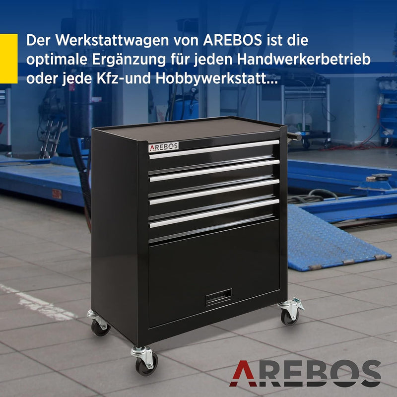 Arebos Werkstattwagen 4 Fächer + grosses Fach für Werkzeug | inkl. Antirutschmatten | kugelgelagerte