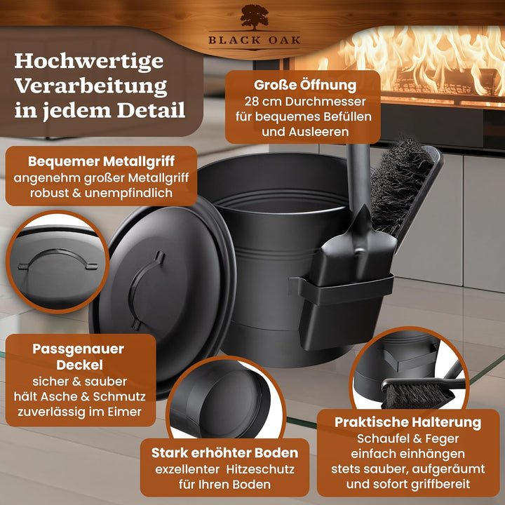 BLACK OAK Ascheeimer LANIN 8L - Asche-Eimer schwarz mit Deckel & Holz-Griff HELL + Feger + Schaufel