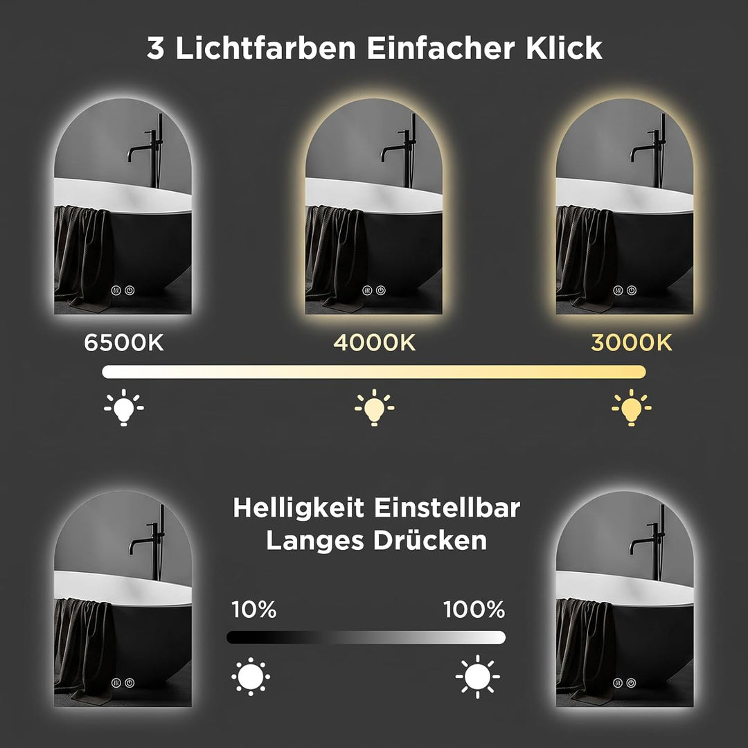 SANYCASA Bogenförmiger Touchspiegel 75x50 cm – LED Badezimmerspiegel mit Anti-Beschlag, 3 Farbtemper