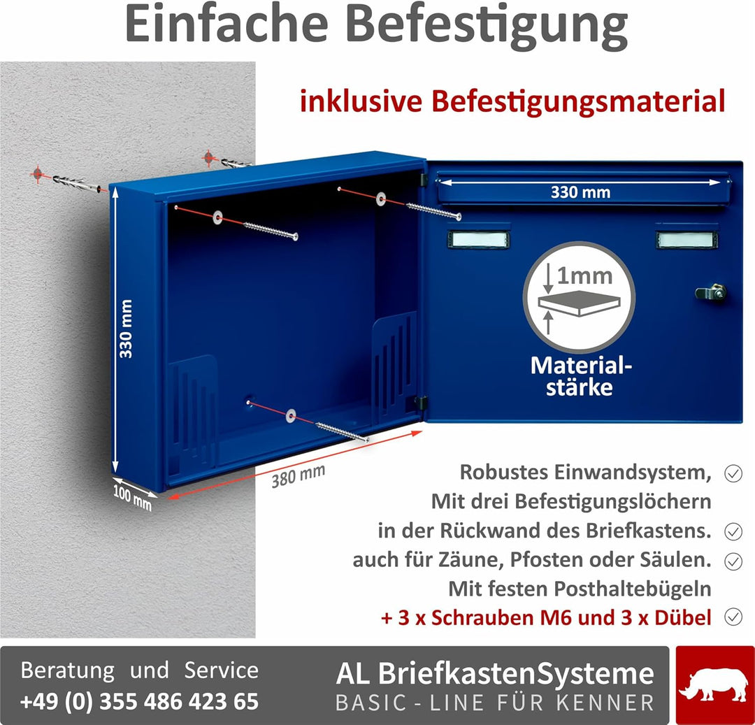 AL Briefkastensysteme Basic 2er Briefkasten RAL 5010 Enzian Blau 2 Fächer DIN A4 wetterfest Briefkas