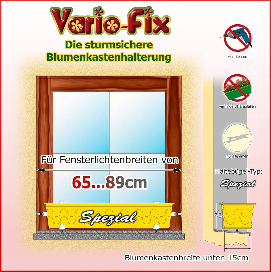 Vario-Fix Blumenkastenhalterung auf der Fensterbank bis 115cm Spezial - ohne Bohren für Balkonkästen