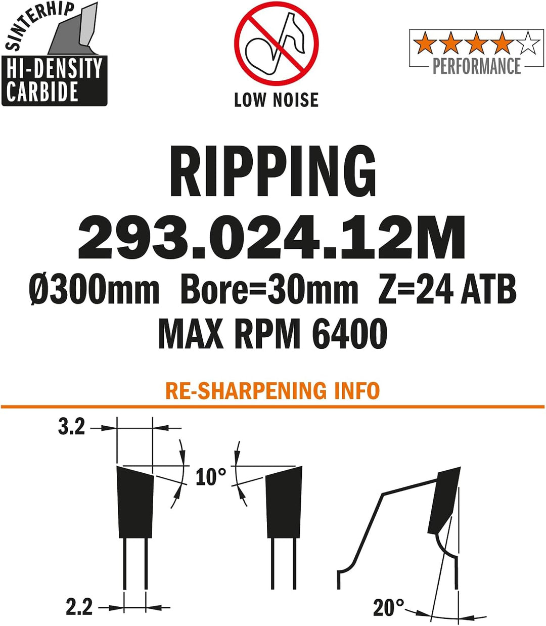 CMT Orange Tools Kreissägeblatt HW 300 x 3,2 / 2,2 x 30 Z=24 10° ATB - 293.024.12M - für ausrissfrei
