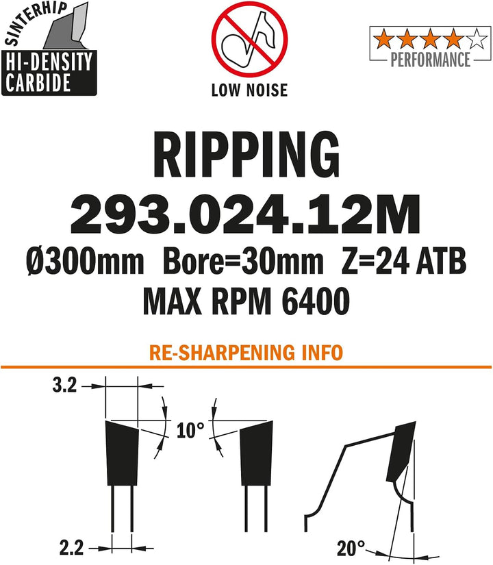 CMT Orange Tools Kreissägeblatt HW 300 x 3,2 / 2,2 x 30 Z=24 10° ATB - 293.024.12M - für ausrissfrei