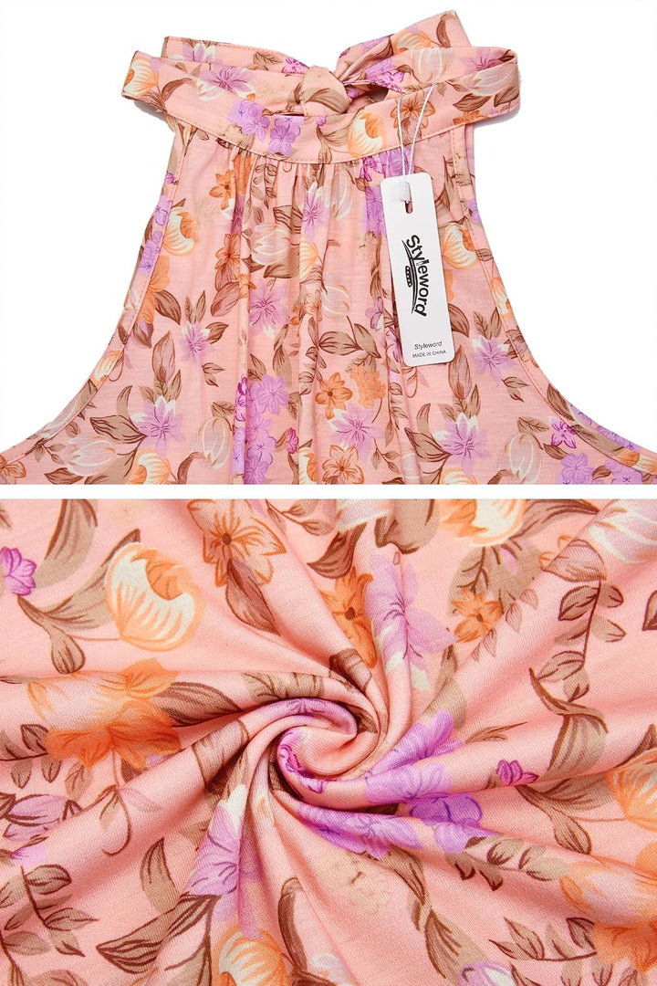 STYLEWORD Damen Neckholder Elegant Sommerkleid Ärmellos Blumenkleid Maxikleid Lange Strandkleid, L F