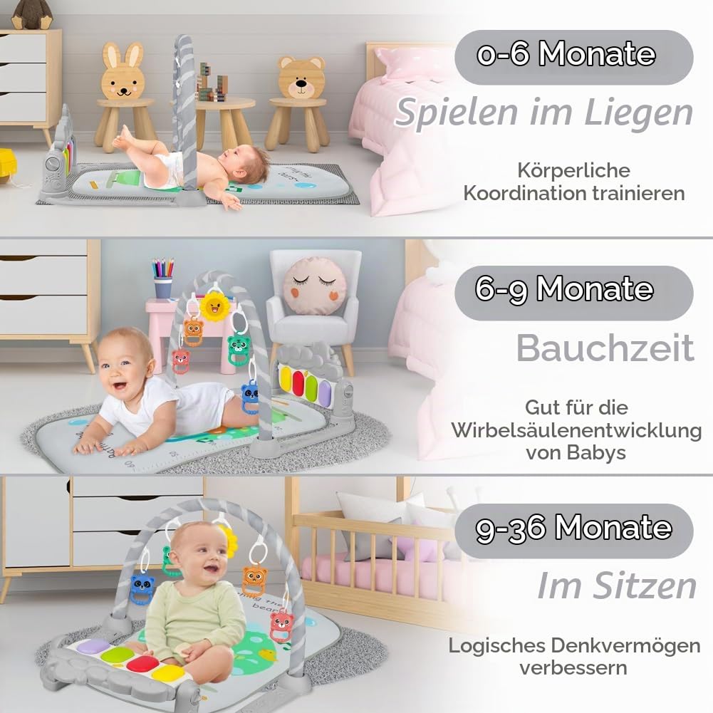 AOMIG Piano-Gym Spieldecke, Krabbeldecke mit Musik und Lichtern, Spielmatte mit Spielbogen abnehmbar
