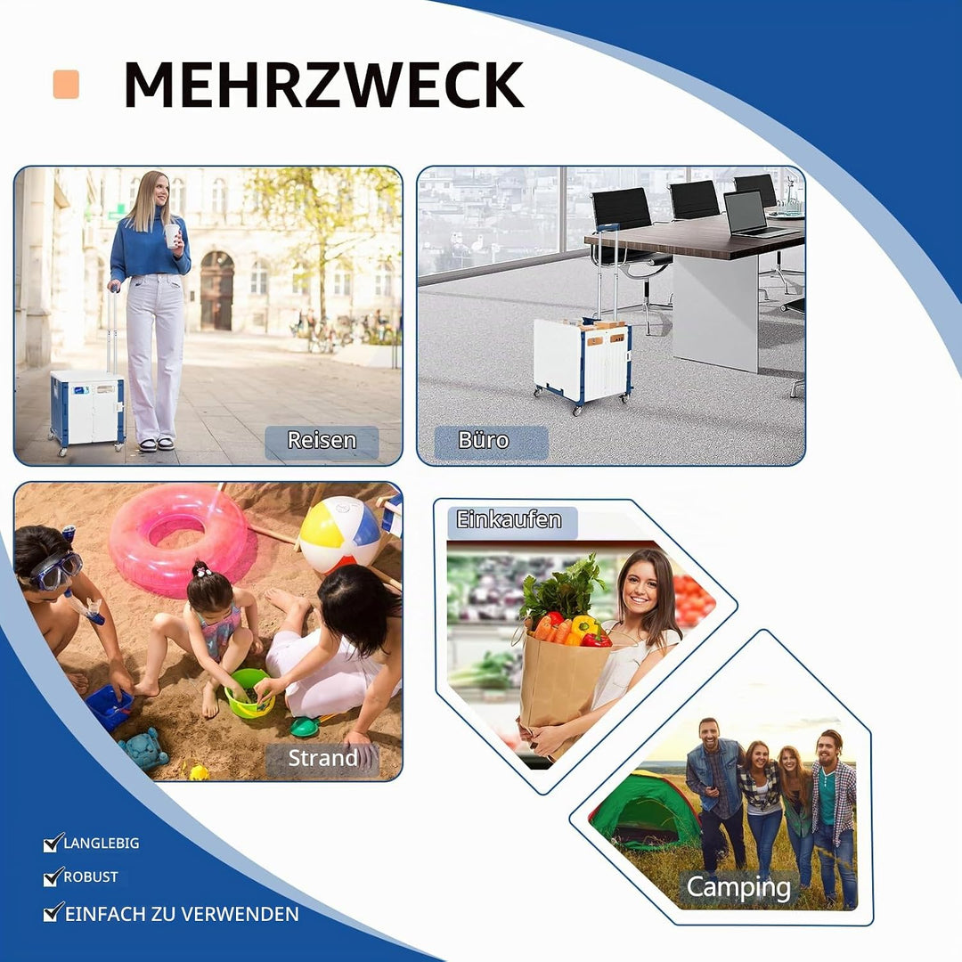 Einkaufstrolley Klappbar, Einkaufstrolley mit Deckel 65L bis 40KG, Kunststoff Einkaufswagen Klappbar