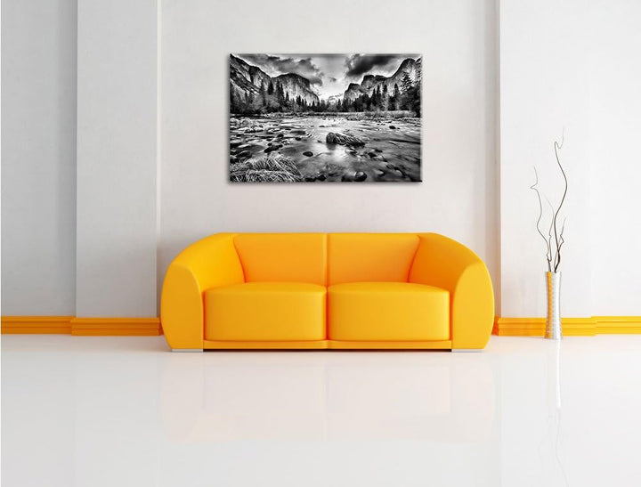 Pixxprint Seichter Fluss im Herbst / 100x70cm Leinwandbild bespannt auf Holzrahmen/Wandbild Kunstdru