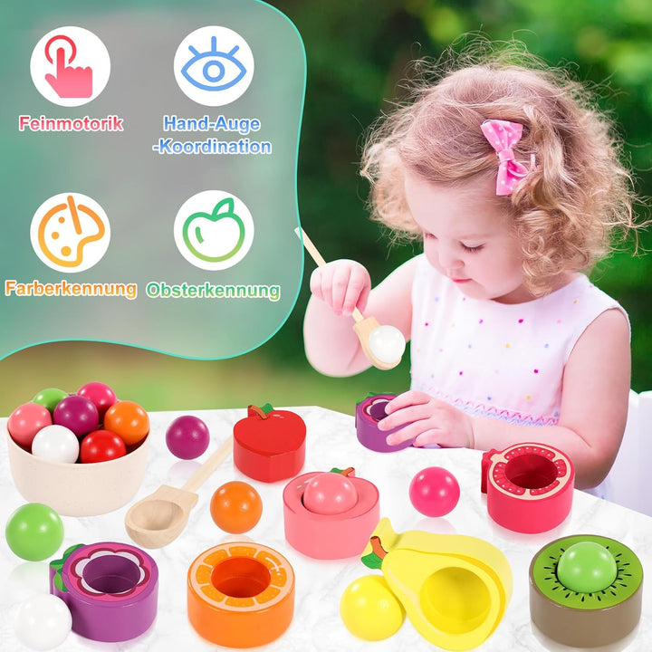 Montessori Spielzeug ab 1 2 3 Jahr, Baby Motorikspielzeug Obst Holzspielzeug für Farbsortierung und