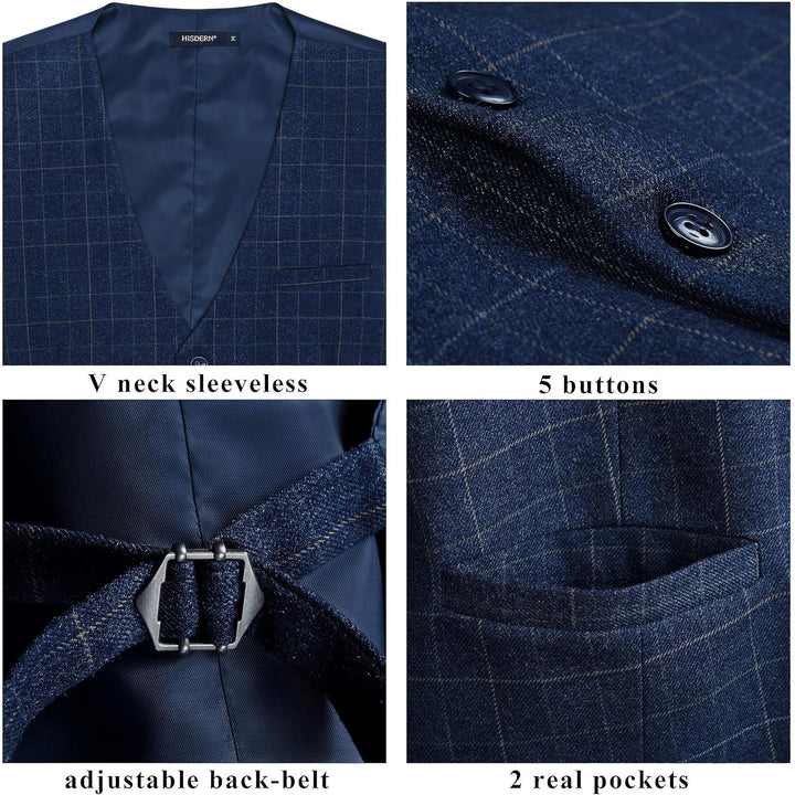 HISDERN Manner Formale Hochzeitsfeier Weste Baumwolle Plaid Kleid Anzug Weste für Herren 1Royal Blue