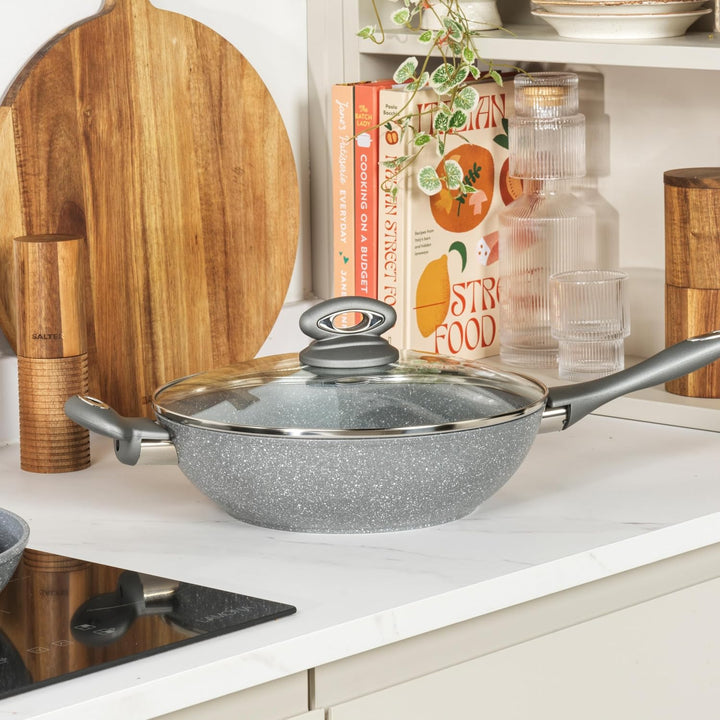 Salter BW02772G Marblestone 28cm Wokpfanne - Antihaftwok mit Deckel, PFOA-frei Wok, Spülmaschinenfes
