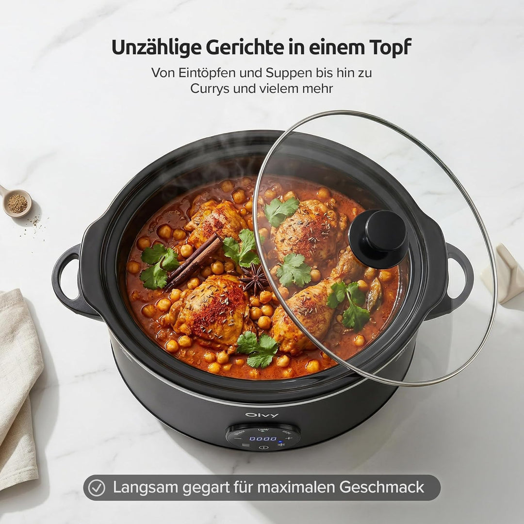Olvy Slow Cooker 6L Pro Digital Schongarer mit Timer Touchscreen Warmhaltefunktion Auftaufunktion 24