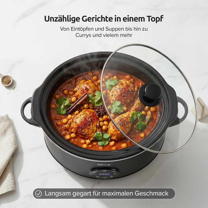 Olvy Slow Cooker 6L Pro Digital Schongarer mit Timer Touchscreen Warmhaltefunktion Auftaufunktion 24