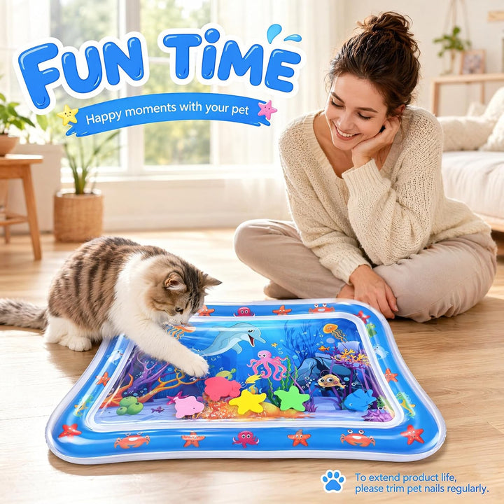 Wasserspielmatte Interaktives Katzenspielzeug, 2 Stück Kühlmatte Katze mit Fischen, Verdickte PVC Wa