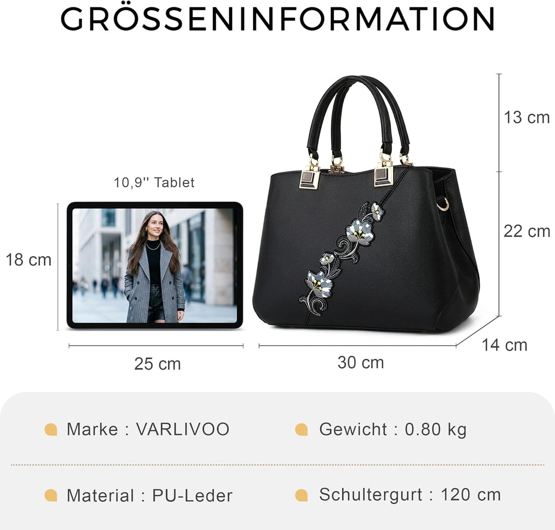 VARLIVOO Handtasche Damen Mittelgross Elegant Taschen mit Blumenstickerei Leader PU Henkeltasche Fra