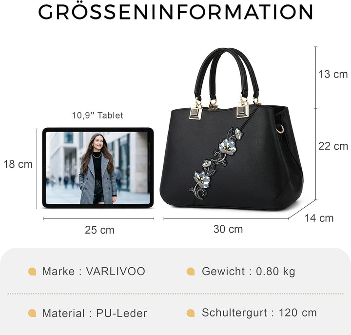 VARLIVOO Handtasche Damen Mittelgross Elegant Taschen mit Blumenstickerei Leader PU Henkeltasche Fra