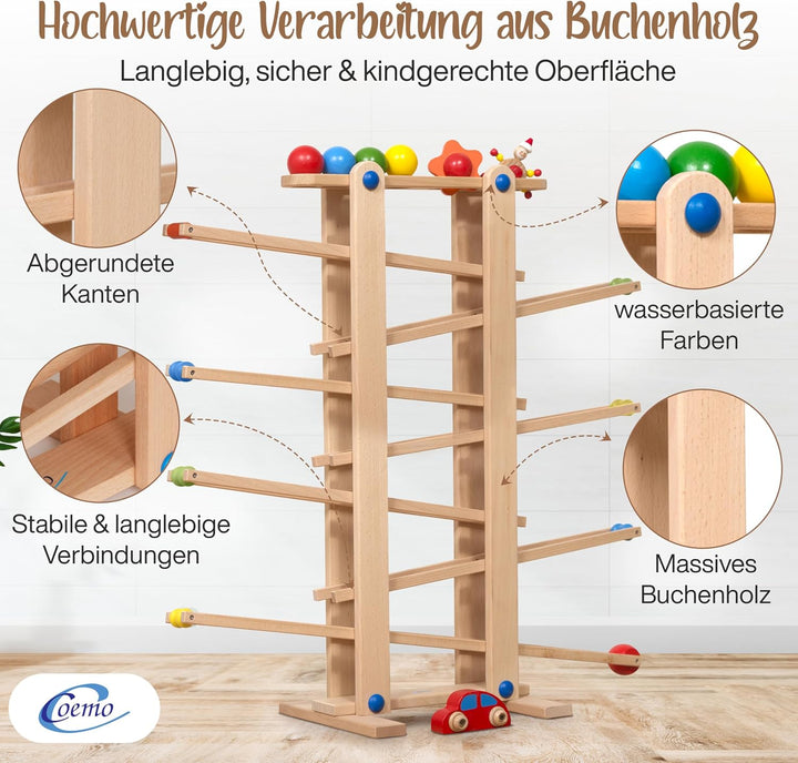 Stabile Kugelbahn XL aus Holz Natur, 7 niedliche Mobile wie Auto, Blume, Kasper, Kugel, grosse Murme