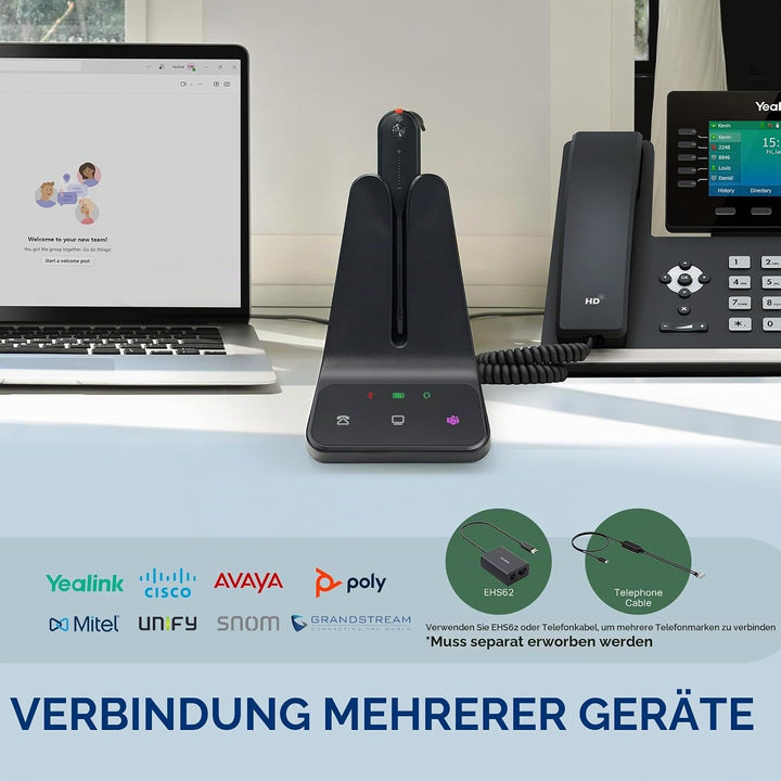 Yealink WH63 E2 DECT Kabellos mit Mikrofon, Einohr Kabelloses Headset für Computer-Telefon,2X Noise