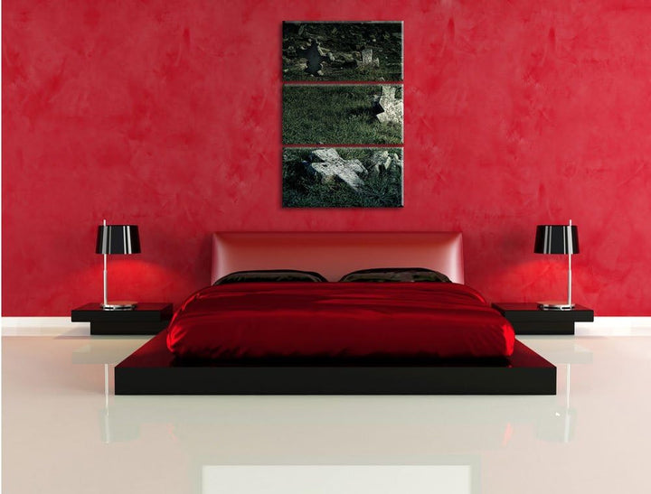 Pixxprint Friedhof schwarz weiss als Leinwandbild/Grösse: 3 Teilig (120x80) cm/Wandbild/Kunstdruck/f