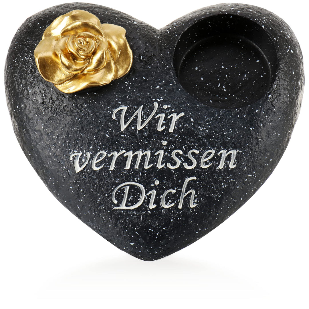 com-four® Grab-Dekoration in Herz-Form mit goldfarbener Rose - Gedenkstein mit Halter für Grabkerze