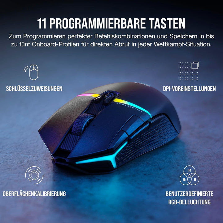 Corsair NIGHTSABRE RGB Wireless Gaming-Maus Für FPS, MOBA - 26.000 DPI - 11 Programmierbare Tasten -