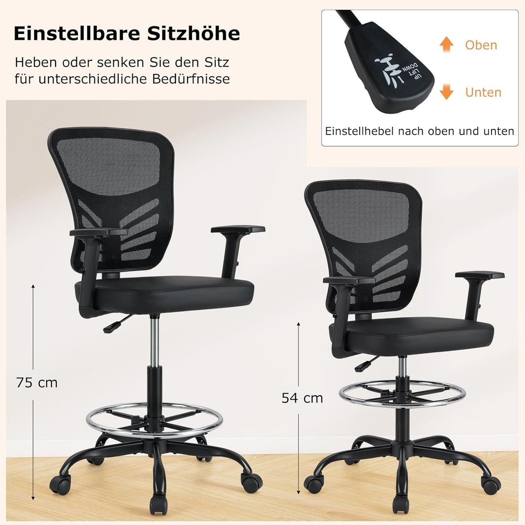 COSTWAY Arbeitsstuhl, Bürostuhl mit verstellbaren Armlehnen und Fussstütze, Sitzhöhe 54-75 cm, Hoher