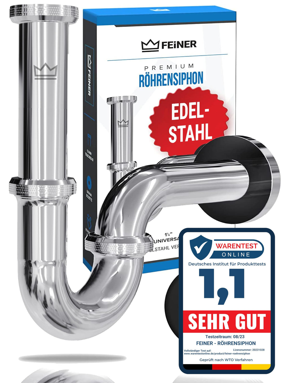 FEINER® - Premium Universal Siphon für Waschbecken Edelstahl, Abflussrohr Tauchrohr 2-12cm höhenvers