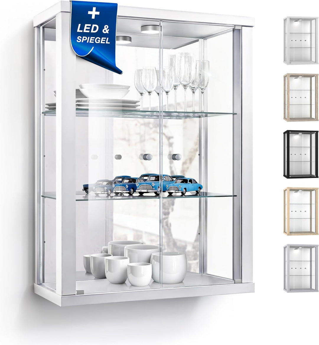 K-Möbel Hängevitrine in Weiss (80x60x25 cm) mit 2 höhenverstellbaren Glasböden, Spiegel & LED - Mode