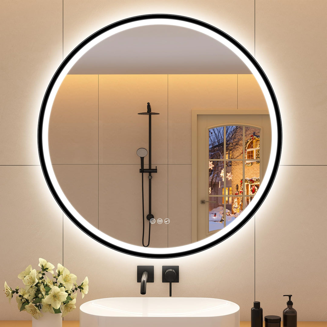 STARLEAD Badspiegel-Rund-mit-Beleuchtung 90cm Diameter, LED-Spiegel-Rund mit Bluetooth, Dimmbar, 3 L